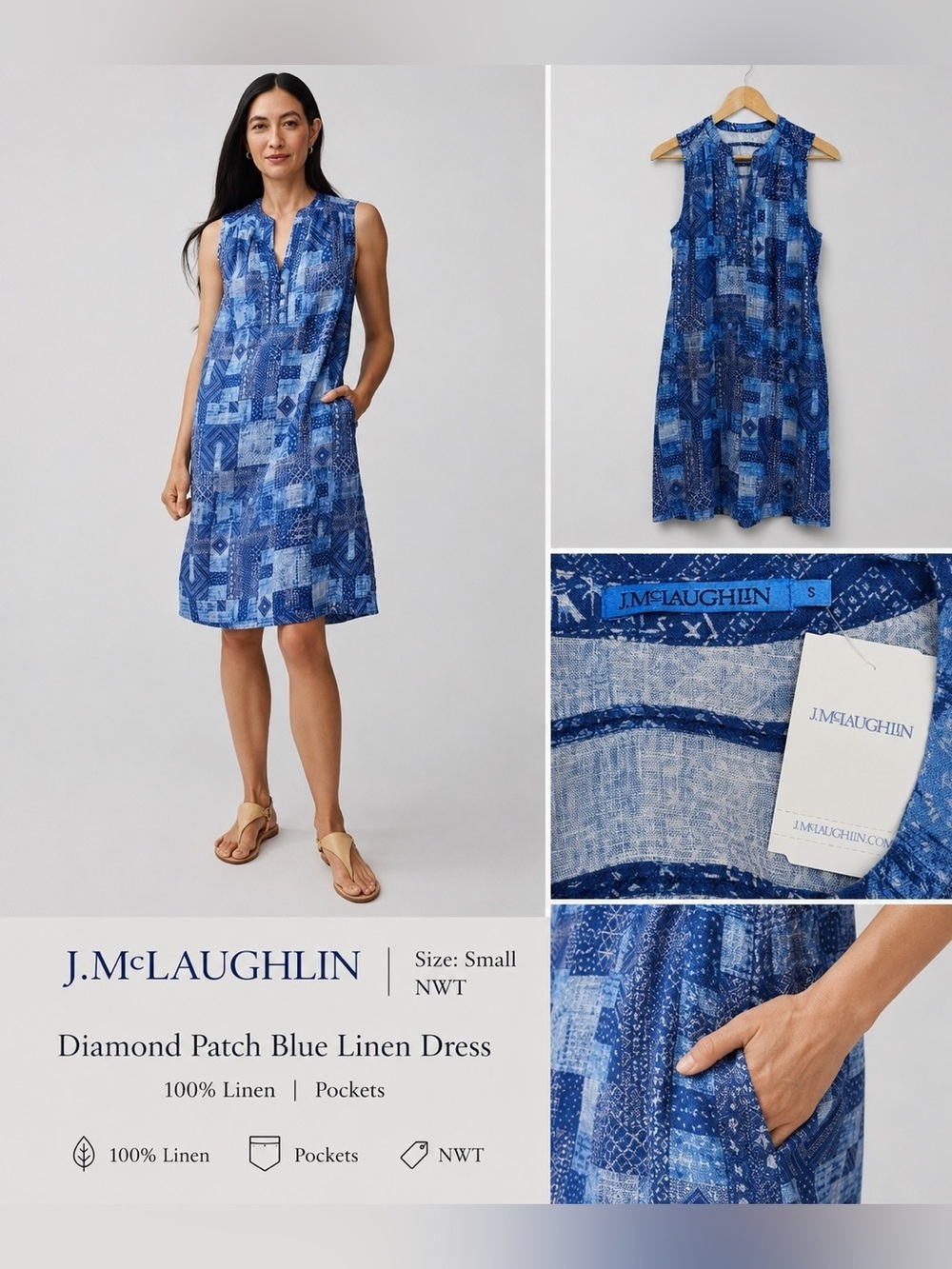 J. McLaughlin Nylee Sleeveless Linen Dress in Diamond Patch Blue Small NWT